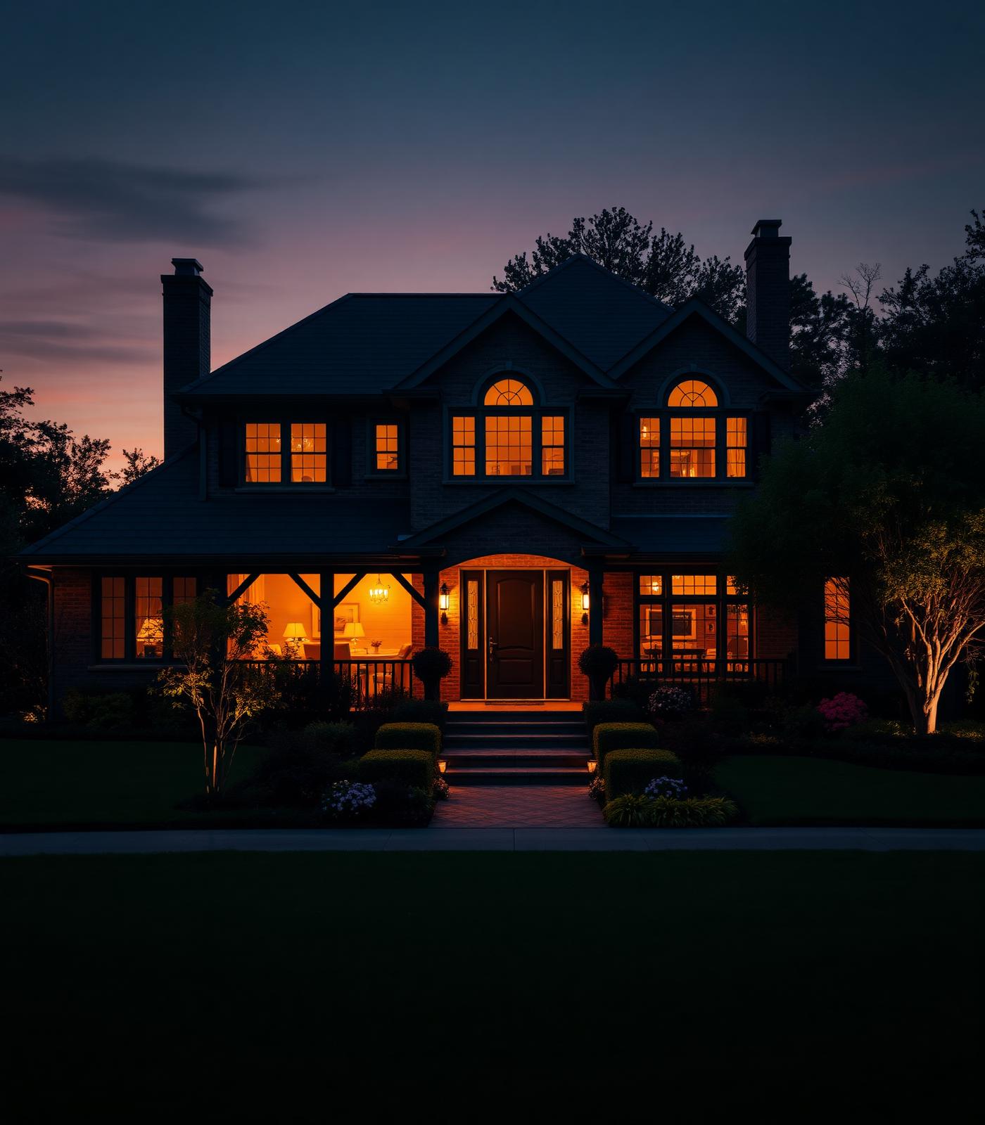 Beautiful home at dusk with warm lighting